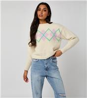 Women's Cream Boucle Argyle Knit Jumper Urban Bliss New Look