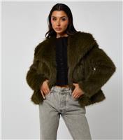 Women's Dark Khaki Faux Fur Jacket Urban Bliss New Look