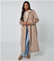 Women's Stone Faux Suede Trench Coat Urban Bliss New Look