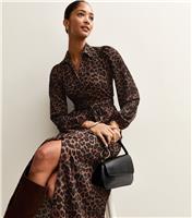 Women's Brown Crinkled Leopard Print Shirt Dress New Look