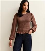Women's Brown Shirred Long Sleeve Top New Look