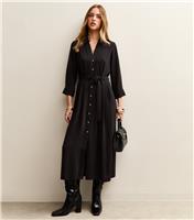 Women's Black Long Sleeve Crepe Midi Shirt Dress New Look