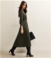 Women's Dark Khaki Long Sleeve Crepe Midi Shirt Dress New Look