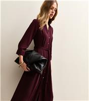 Women's Dark Burgundy Long Sleeve Crepe Midi Shirt Dress New Look