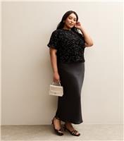 Women's Plus Size Black Satin Midi Skirt Curves New Look