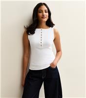 Women's White Ribbed Jersey Button Through Tank Top New Look