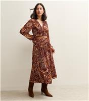 Women's Brown Paisley Print V-Neck Long Sleeve Midi Dress New Look
