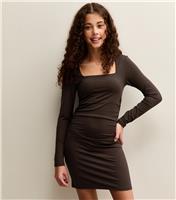 Girls' Dark Brown Square Neck Mini Dress New Look