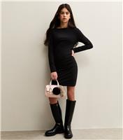 Girls' Black Stretch Cotton Slash Neck Long Sleeve Dress New Look