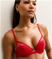 Women's Bright Red Heart Embroidered Demi Padded Bra New Look