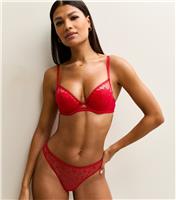 Women's Bright Red Heart Embroidered Thong New Look