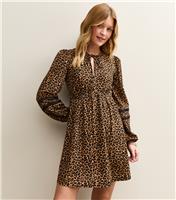 Women's Brown Animal Print Tie Neck Mini Dress New Look