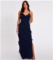 Women's Navy Metallic Ruffle Maxi Dress Quiz New Look