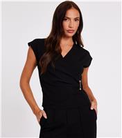 Women's Black Ruched Wrap Top Quiz New Look