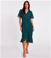 Women's Green Patterned Jacquard Frill Midi Dress Quiz New Look