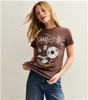 Women's Brown Coffee Print T-Shirt New Look