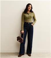 Women's Khaki Long Sleeve Henley Top New Look