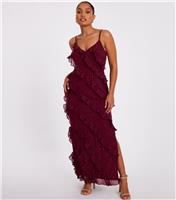Women's Petite Dark Red Metallic Pattern Frilly Trimmed Maxi Dress Quiz New Look