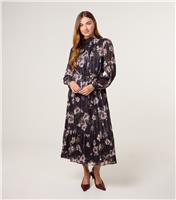 Women's Black Floral Chiffon Long Sleeve Midi Dress Blue Vanilla New Look