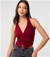 Women's Burgundy Knotted Front Halterneck Top Pink Vanilla New Look