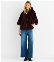 Women's Burgundy Hooded Chevron Faux Fur Jacket Gini London New Look