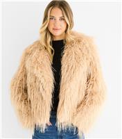 Women's Oatmeal Fringed Faux Fur Jacket Gini London New Look