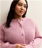 Women's Plus Size Pink Ribbed Knit Raglan Sleeve Cardigan Curves New Look