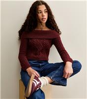Girls' Dark Burgundy Cable Knit Off Shoulder Jumper New Look