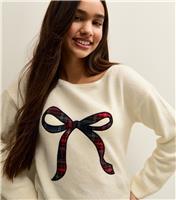 Girls' Cream Tartan Bow Knitted Jumper New Look