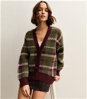 Women's Green Check Pattern Knitted Boyfriend Cardigan New Look