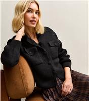 Women's Black Flap Pocket Knitted Bomber Jacket New Look