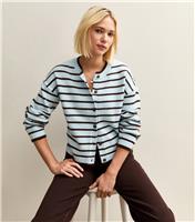 Women's Blue Striped Crew Neck Cardigan New Look