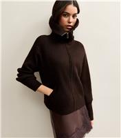 Women's Dark Brown Knit Zip Up Jacket New Look