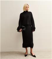 Women's Black Knit Looped Fringe Midi Skirt New Look
