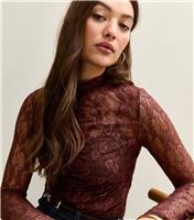 Women's Dark Brown Ruched Sheer Unlined Lace Long Sleeve Bodysuit New Look