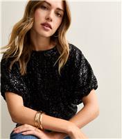 Women's Black Bubble Hem Sequin Top New Look