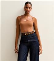 Women's Brown Slinky Jersey Square Neck Long Sleeve Bodysuit New Look