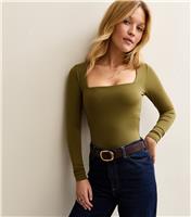Women's Light Khaki Slinky Jersey Square Neck Long Sleeve Bodysuit New Look