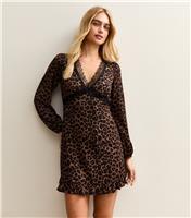 Women's Brown Leopard Print Lace Trim long Sleeve Mini Dress New Look