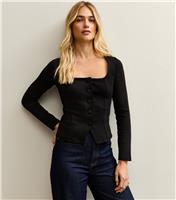 Women's Black Jersey Buttoned Square Neck Top New Look