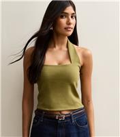 Women's Light Khaki Soft Touch Ponte Halter Top New Look