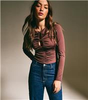 Women's Dark Brown Ruched Cutout Long Sleeve Top New Look