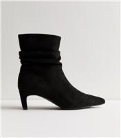 Women's Black Faux Suede Ruched Pointed Toe Ankle Boots New Look