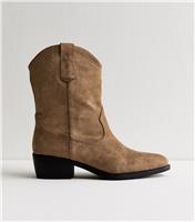 Women's Camel Faux Suede Mid Calf Western Boots Vegan New Look