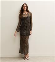 Women's Brown Leopard Print Cowl Back Mesh Midi Dress New Look