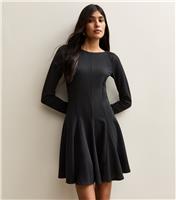 Women's Black Slash Neck Long Sleeve Skater Dress New Look