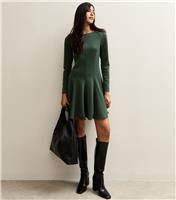 Women's Dark Green Slash Neck Long Sleeve Skater Dress New Look