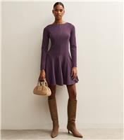 Women's Purple Slash Neck Long Sleeve Skater Dress New Look