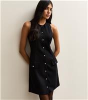 Women's Black Panelled Button Up Mini Pinafore Dress New Look
