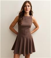 Women's Dark Brown Pleated Skater Mini Dress New Look